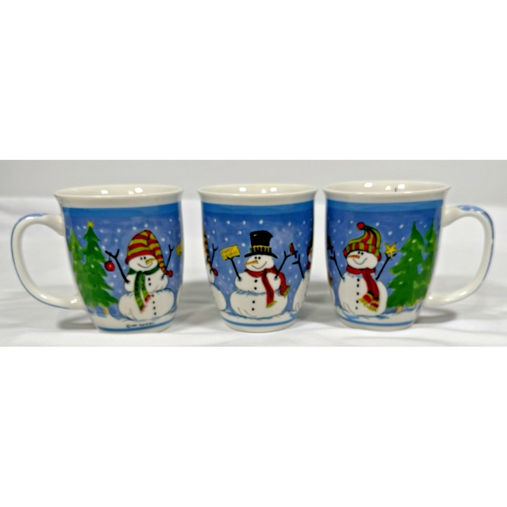 The Stone Bunny Snowman Mugs Set of 3 Blue Telle M Stein Christmas 2007 Ceramic